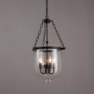 Retro Rustic Clear Glass Shade Bell Jar Pendant Light with 3 Candle Lights Black Metal